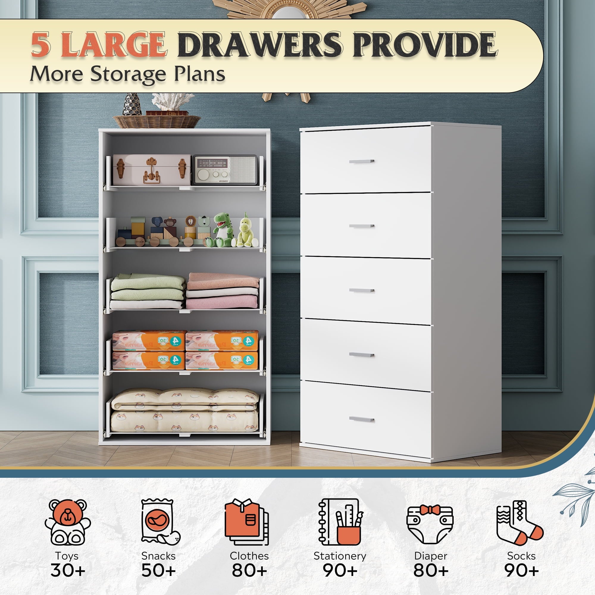 GALAXHERO 5 Drawers Dresser, Chest of Drawers for Bedroom, Tall Wood Storage Cabinet with Metal Handle for Living Room, Closet, Hallway, White