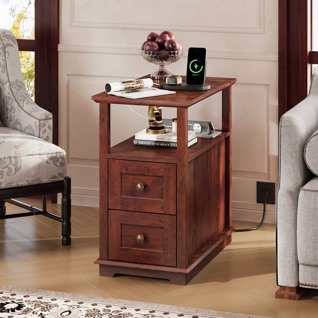 GALAXHERO Narrow End Table with Charging Station Wooden Side Table with 2 Drawers for Living Room, Bedroom, Small Space