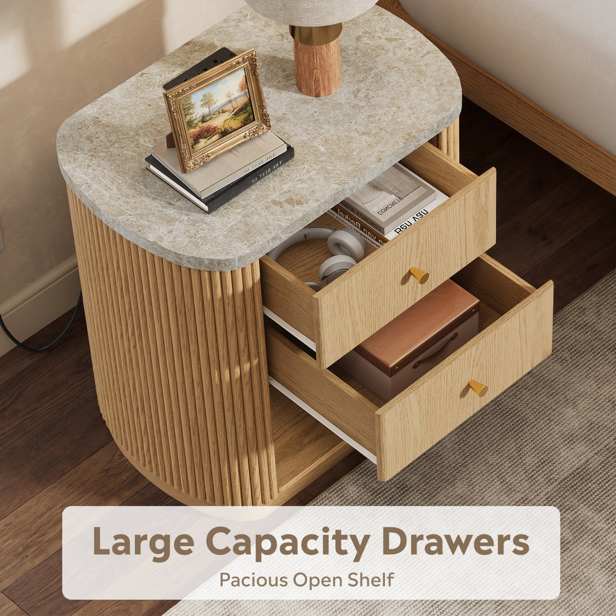 GALAXHERO Mid Century Modern Nightstand with Charging Station, 2-Drawer Fluted Wood Bedside Table with Open Shelf for Bedroom Living Room Dorm