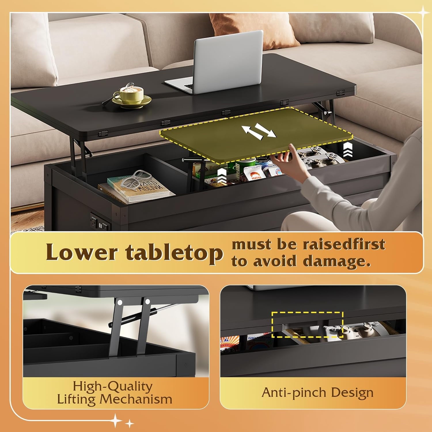 GALAXHERO 40" Lift Top Coffee Table with Storage, 4 in 1 Coffee Tables with 2 Fabric Drawers LED Light and USB, Modern Coffee Table with Hidden Compartment for Living Room, Dining Room