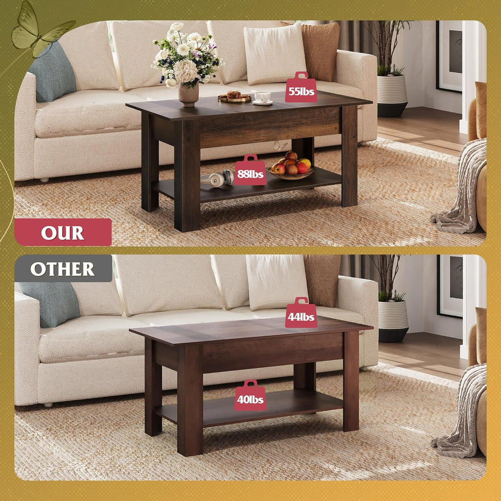 GALAXHERO 39" Lift Top Coffee Table with Storage Shelf & Hidden Compartment and Lifting Top for Home Living Room Office and Reception Room Rustic Brown