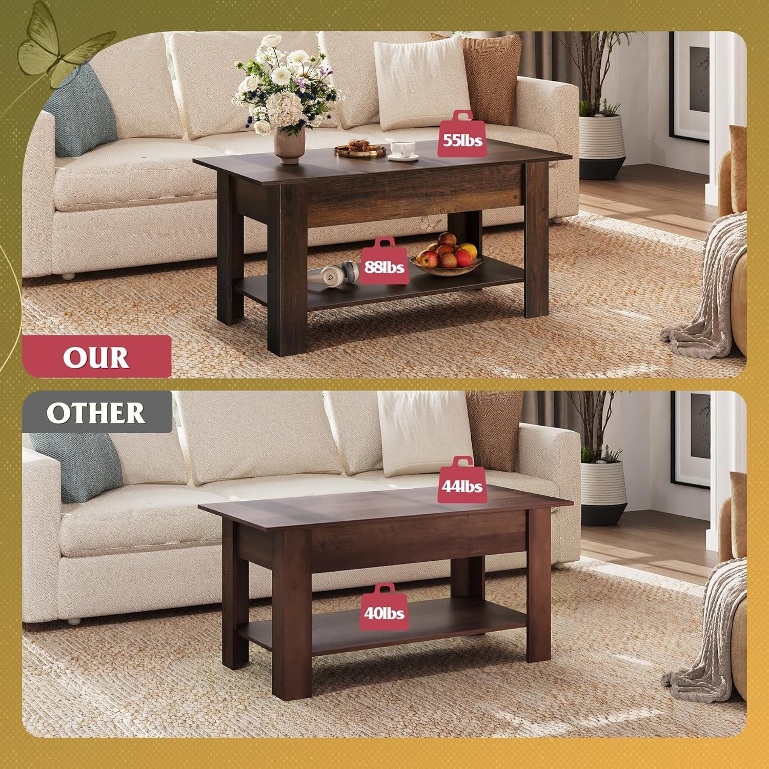 GALAXHERO 39" Lift Top Coffee Table with Storage Shelf & Hidden Compartment and Lifting Top for Home Living Room Office and Reception Room Rustic Brown