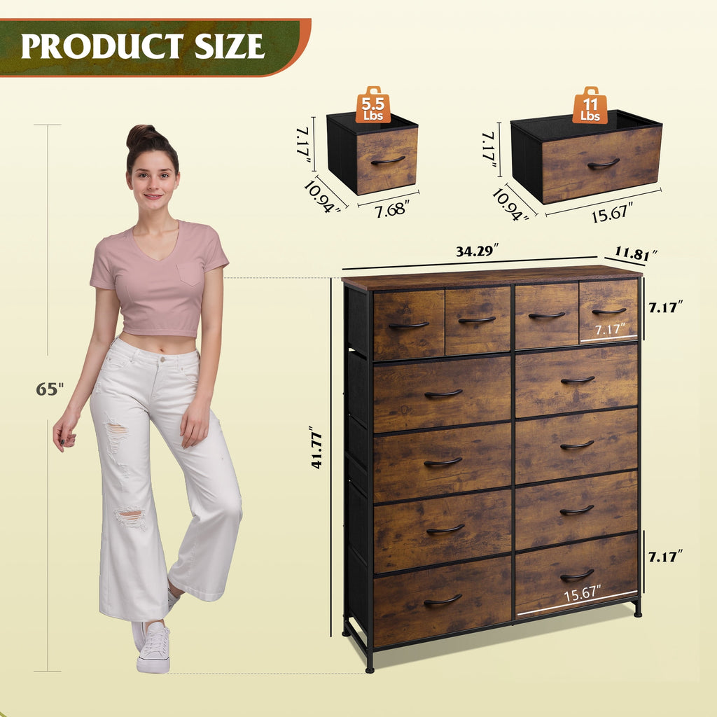 GALAXHERO 12-Drawer Tall Fabric Dresser with Wood Top and Steel Frame, Storage Chest of Drawers for Bedroom, Closet