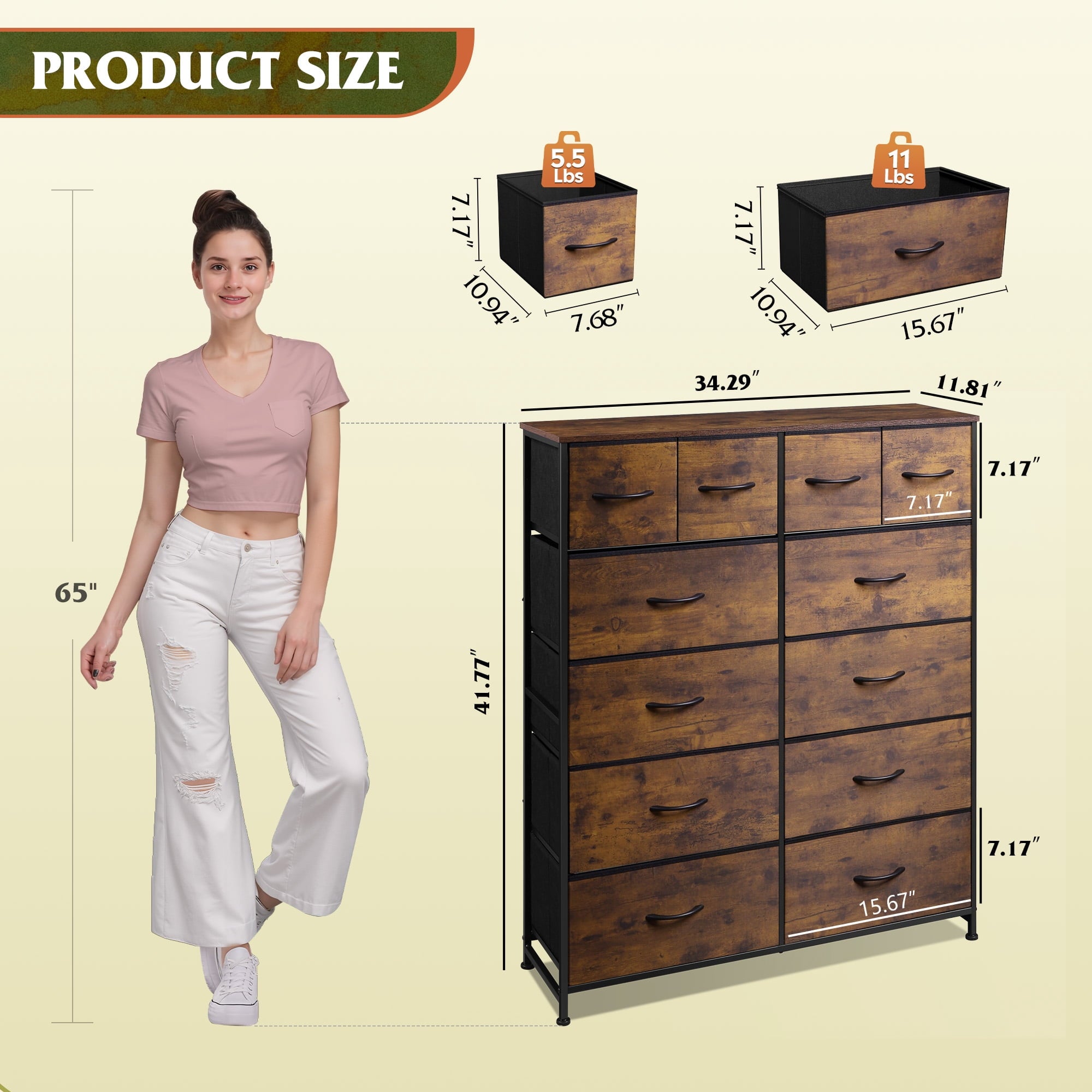 GALAXHERO 12-Drawer Tall Fabric Dresser with Wood Top and Steel Frame, Storage Chest of Drawers for Bedroom, Closet