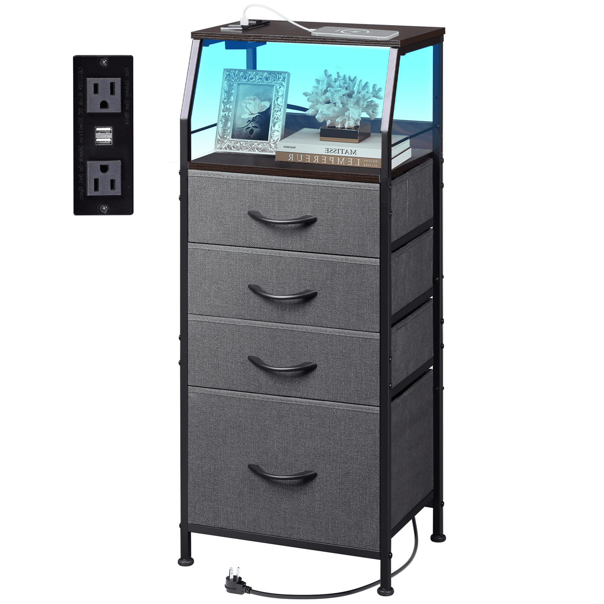 GALAXHERO 4 Drawer Dresser for Bedroom, Nightstand with Charging Station and LED, Tall Bedside Table with Storage Shelfs