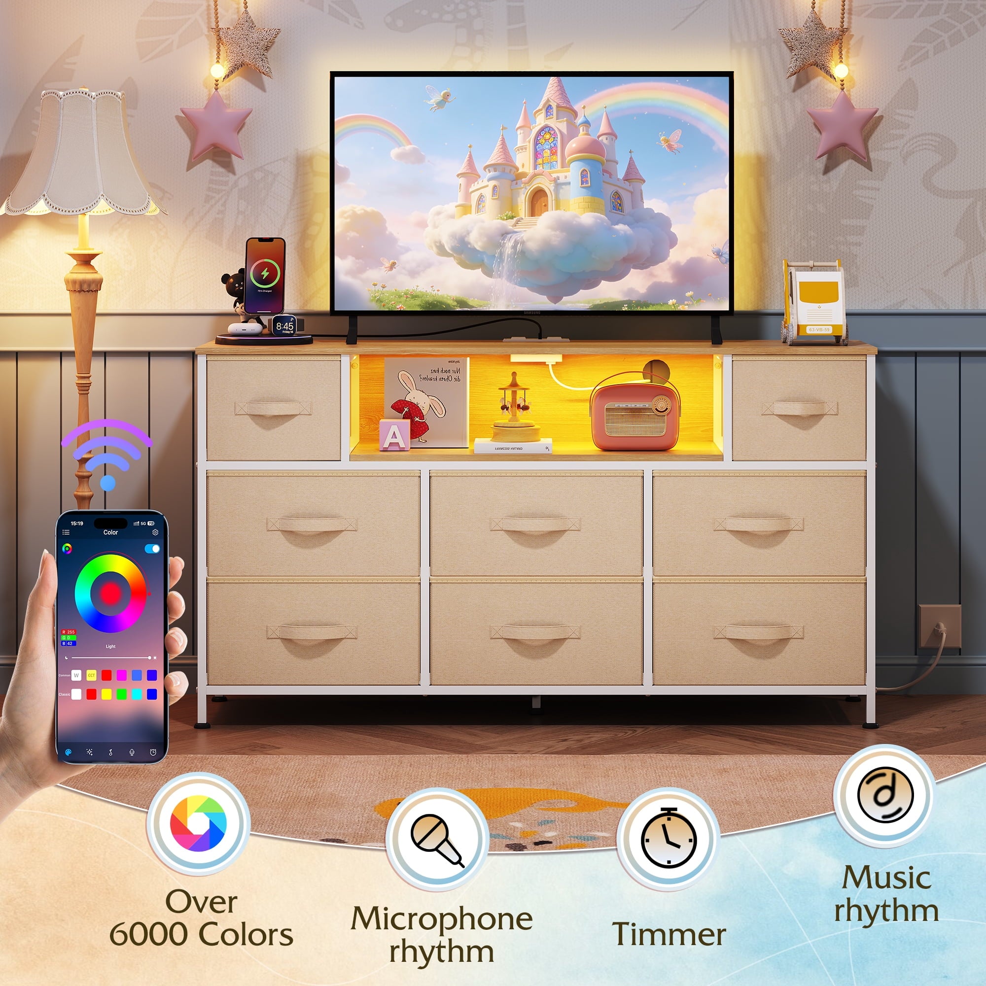 GALAXHERO 8-Drawer Dressers for Bedroom, Dresser TV Stand for 55'' TV with LED Lights and Power Outlets, Fabric Chest of Drawers for Living Room, Entryway