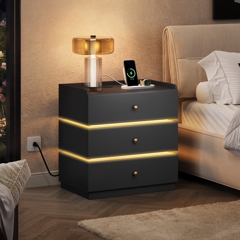 GALAXHERO Nightstand with Charging Station, Smart LED 3-Drawer Tall Bedside Table with Sensor, End Table with Wireless Charging for Bedroom Living Room Dorm