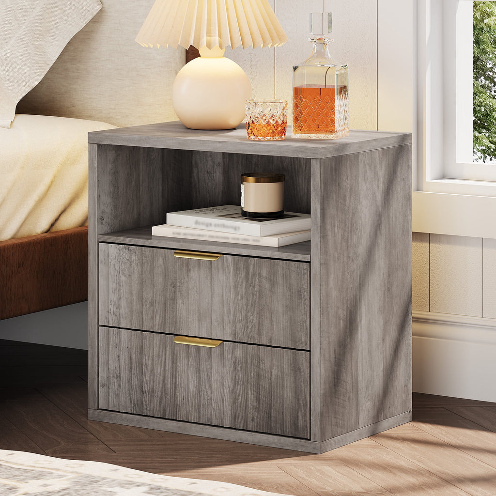 GALAXHERO 2 Drawer Nightstand, Wood Fluted End Table with Open Shelf, Mid Century Modern Bedside Tables for Bedroom, Living Room, Greige