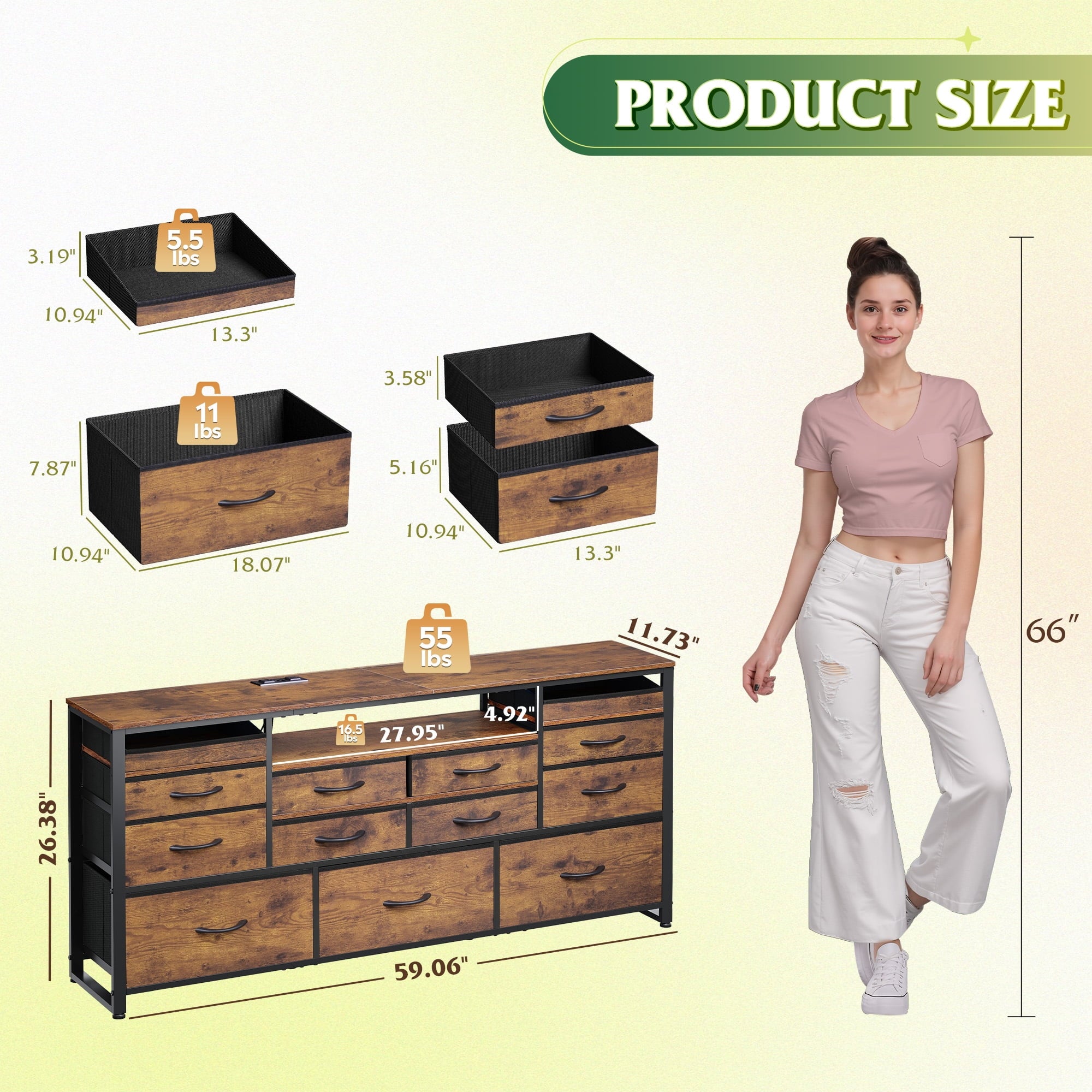 GALAXHERO 13 Drawers Dresser for Bedroom, TV Stand for 65'' TV with LED Lights, Entertainment Center with Charging Station, Fabric Chest of Drawers for Living Room, Entryway