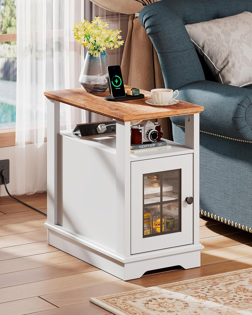 GALAXHERO Farmhouse End Table with Charging Station Narrow Side Table for Living Room Night Stand with Storage, Nightstand with USB Ports and Outlets for Bedroom Espresso