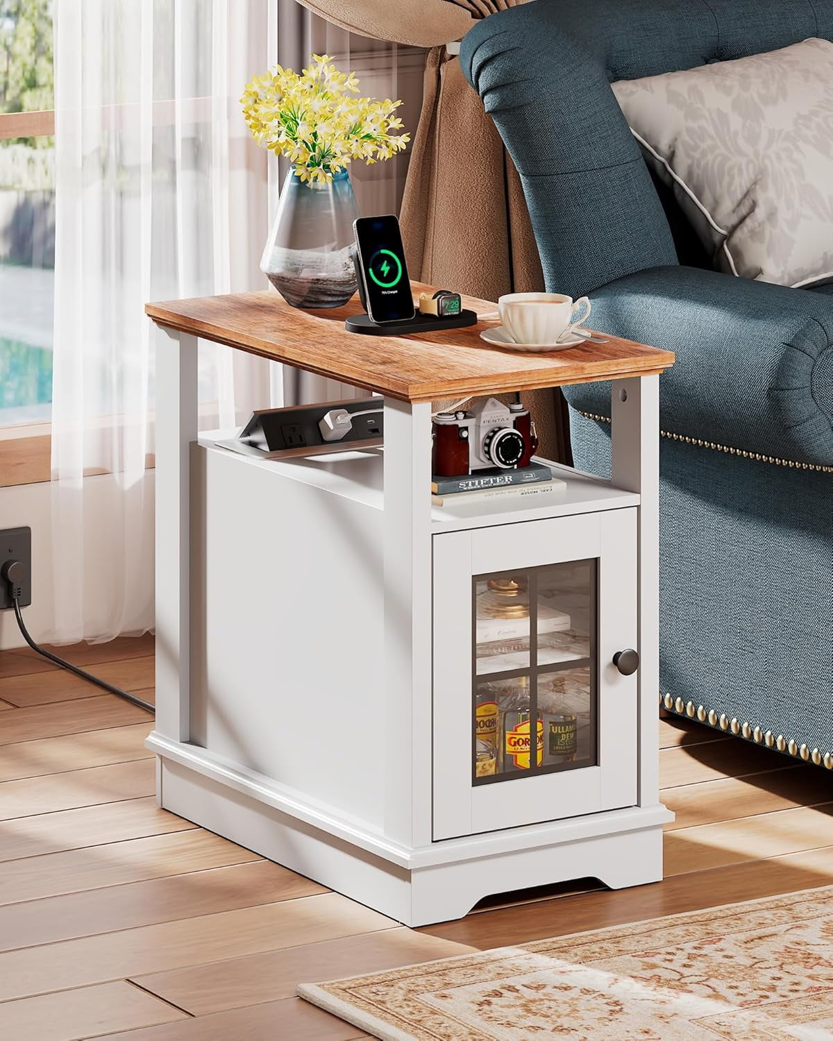 GALAXHERO Farmhouse End Table with Charging Station Narrow Side Table for Living Room Night Stand with Storage, Nightstand with USB Ports and Outlets for Bedroom Espresso