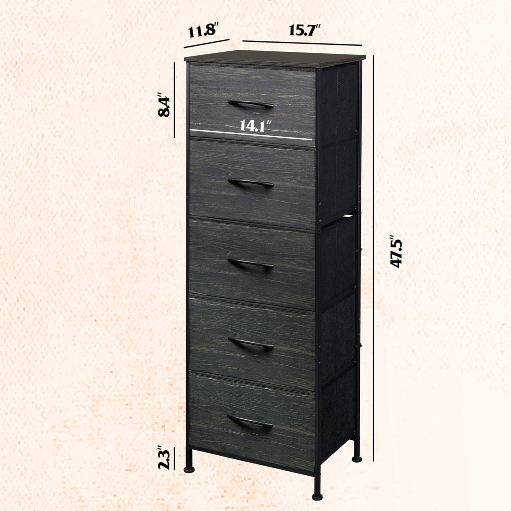 GALAXHERO 5-Drawer Tall Fabric Dresser with Wood Top, Storage Organizer Chest for Bedroom, Closet, Hallway, Sturdy Steel Frame