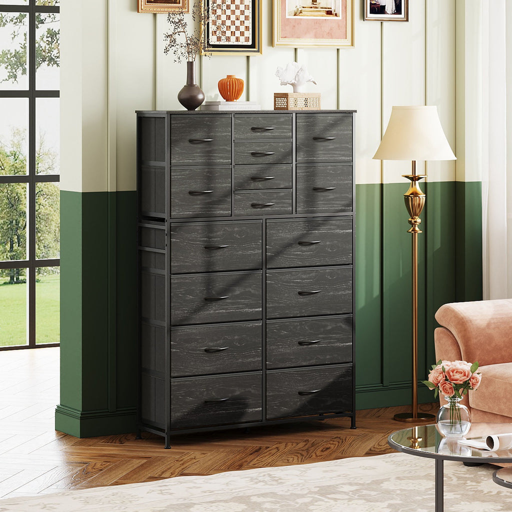 GALAXHERO 16-Drawer Tall Fabric Dresser Organizer Unit, Large Storage Chest of Drawers with Fabric Bins for Bedroom, Closet, Hallway, Charcoal Black Wood Grain Print