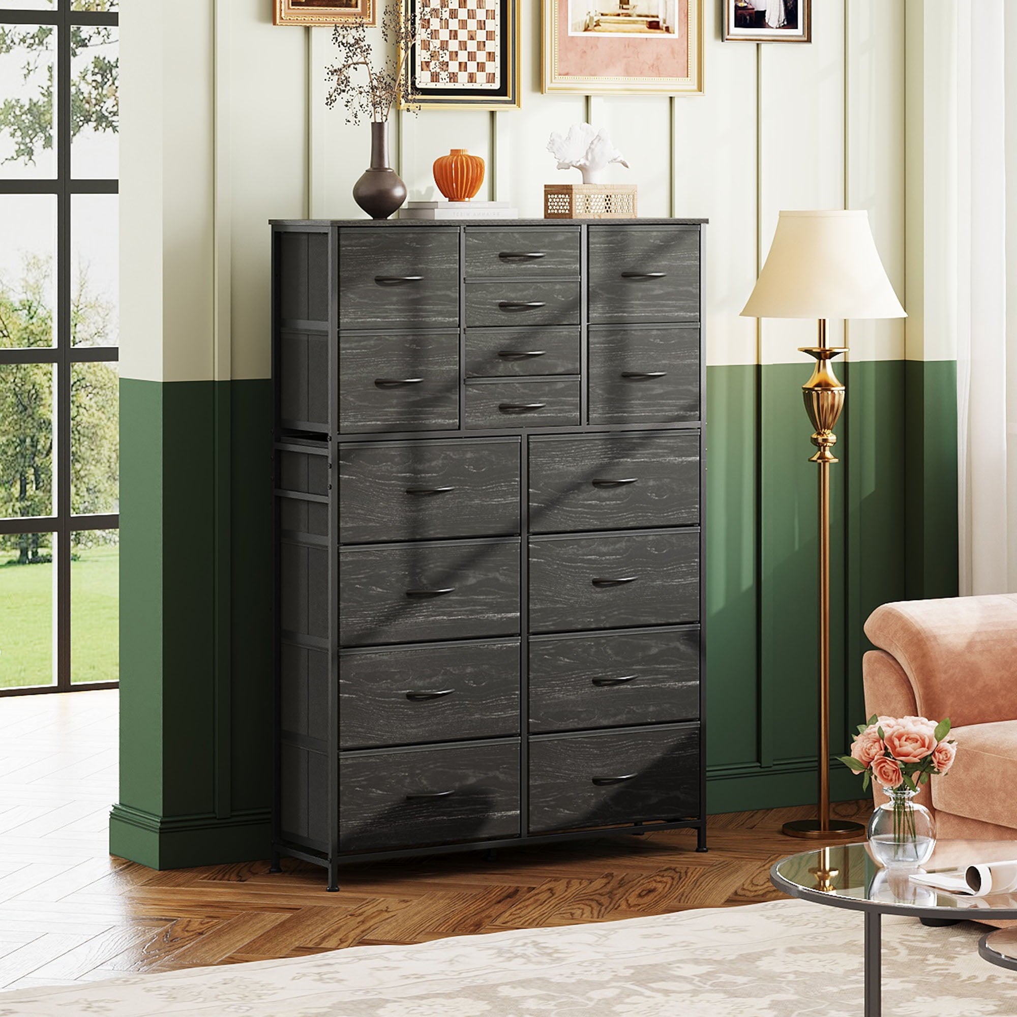 GALAXHERO 16-Drawer Tall Fabric Dresser Organizer Unit, Large Storage Chest of Drawers with Fabric Bins for Bedroom, Closet, Hallway, Charcoal Black Wood Grain Print