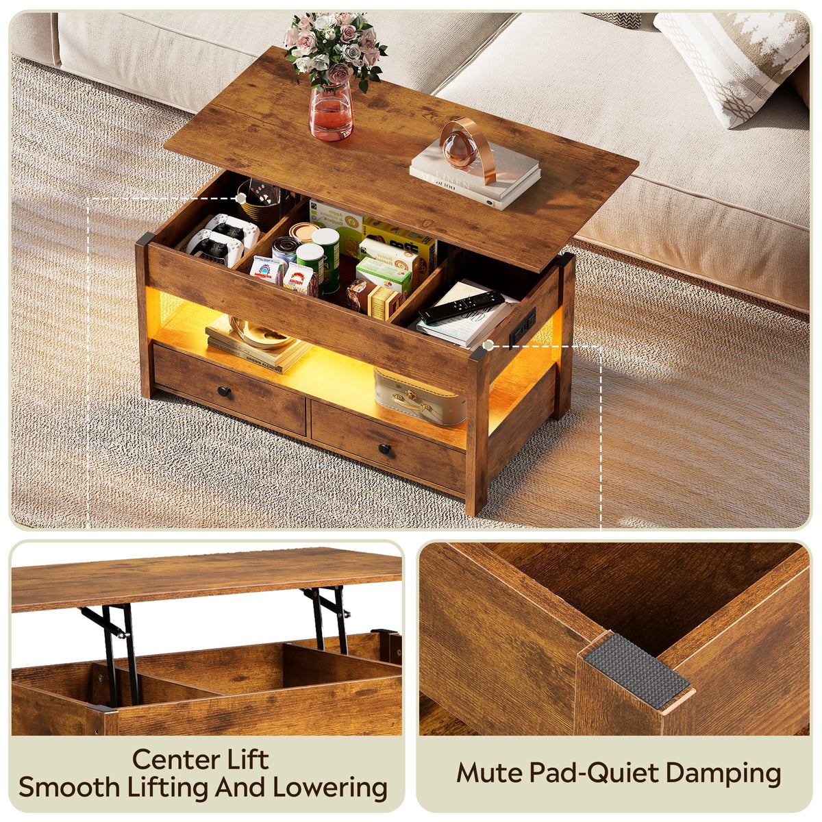 GALAXHERO Lift Top Coffee Table for Living Room Table with 2 Drawers & LED Light & Large Storage and Open Shelf