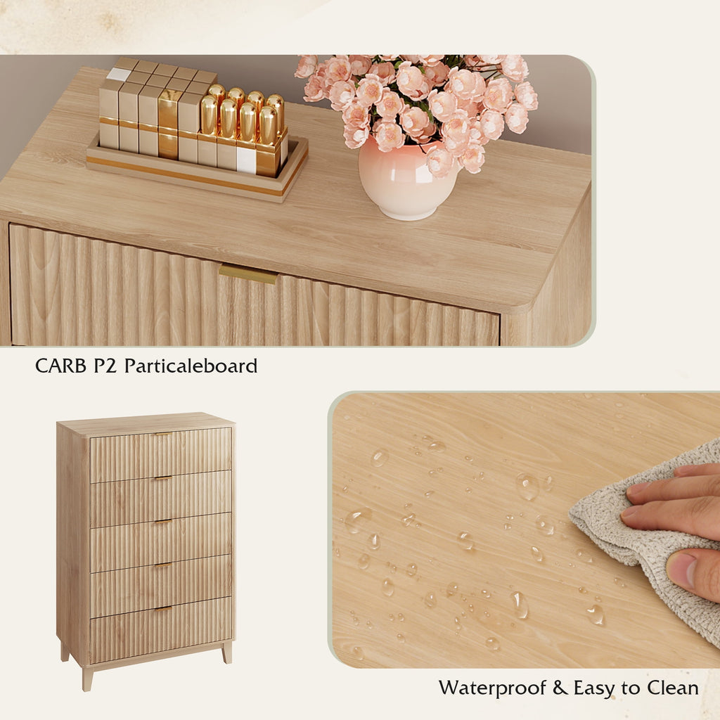 GALAXHERO 5 Drawers Dresser, Fluted Tall Dresser with Golden Metal Handles, Modern Chest of Drawers for Bedroom, Living Room, Hallway, Closet