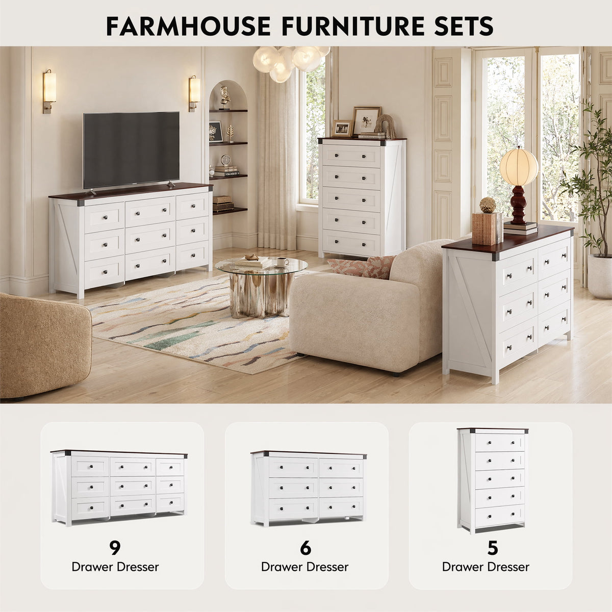GALAXHERO Farmhouse 5 Drawer Dresser, Tall Dresser with Double Rustic Handles, Wood Chest of Drawers for Bedroom, Living Room, Hallway