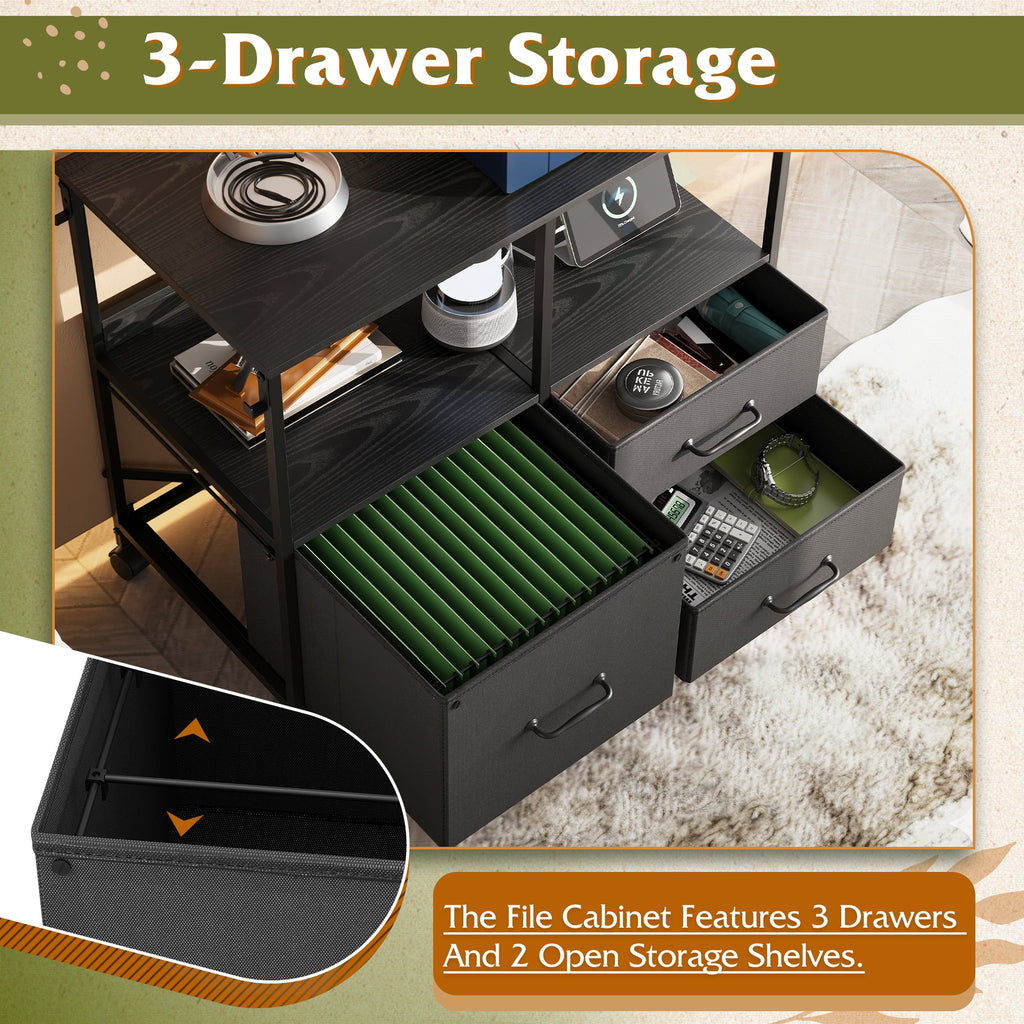 GALAXHERO 3 Drawer File Cabinet with Charging Station, Mobile Printer Stand with Storage Shelf for Home Office, Fit Letter/A4 Size, Wood Grain Print