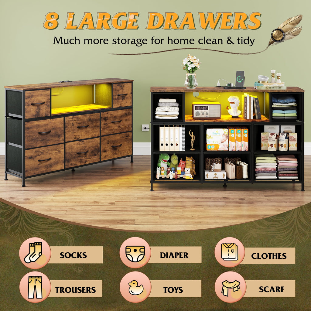 GALAXHERO 8-Drawer Large Dressers for Bedroom, TV Stand for 55'' TV with Charging Station and LED Lights