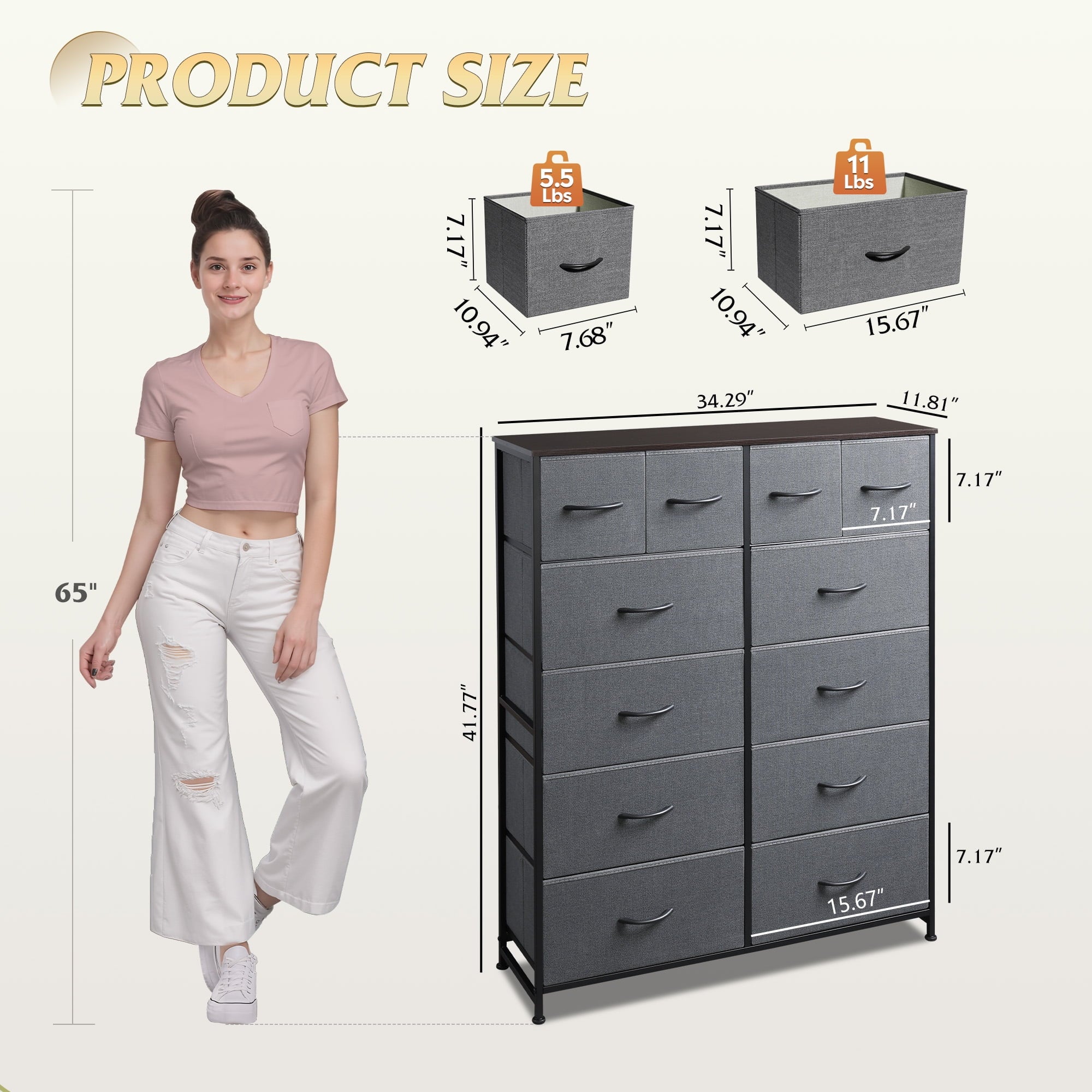 GALAXHERO 12-Drawer Tall Fabric Dresser with Wood Top and Steel Frame, Storage Chest of Drawers for Bedroom, Closet, Dark Grey
