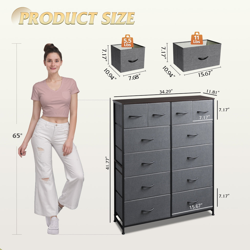 GALAXHERO 12-Drawer Tall Fabric Dresser with Wood Top and Steel Frame, Storage Chest of Drawers for Bedroom, Closet