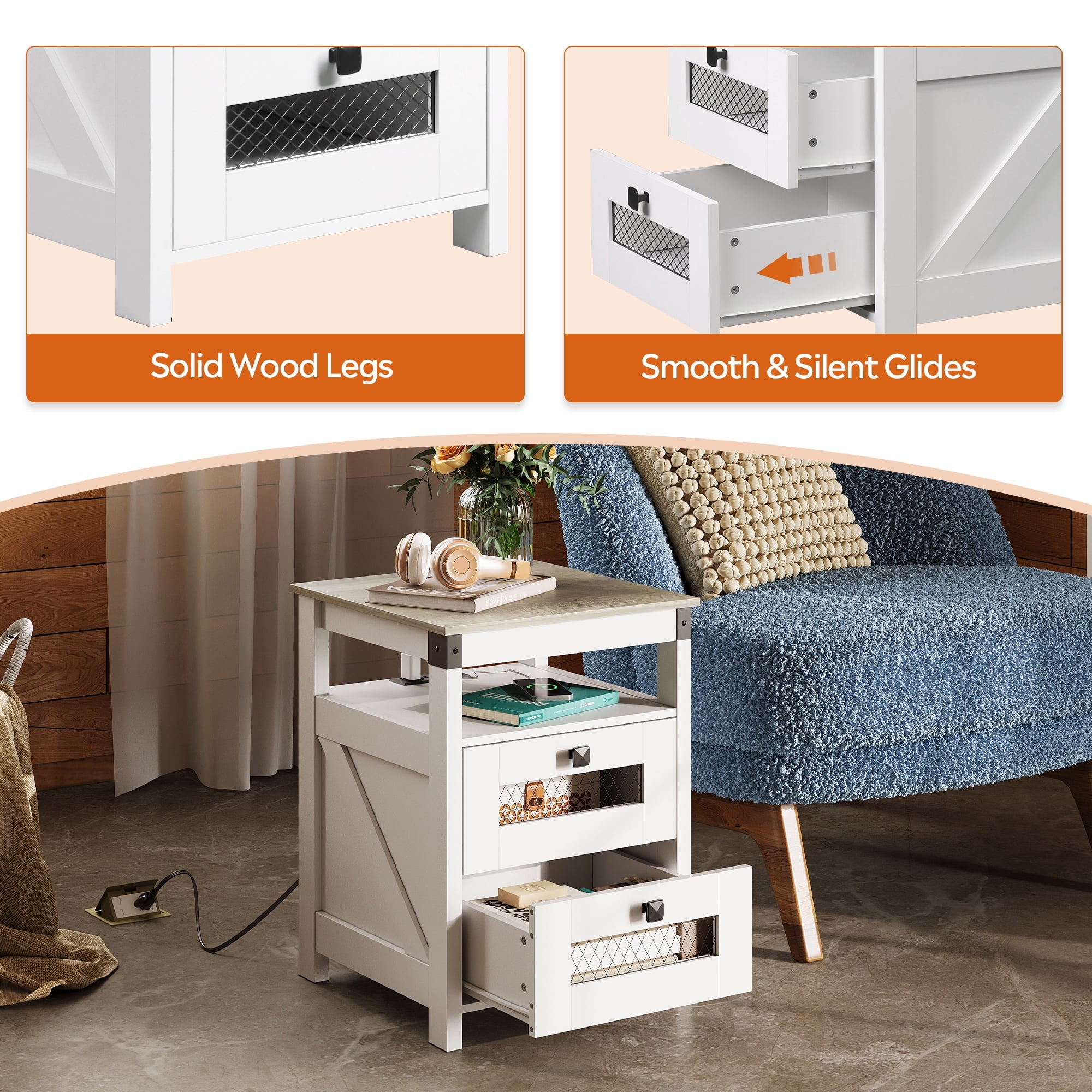 GALAXHERO Nightstand with Charging Station, Farmhouse End Table, Bed Side Table with 2 Storage Drawers and Open Shelf, Wood Rustic Nightstands for Bedroom