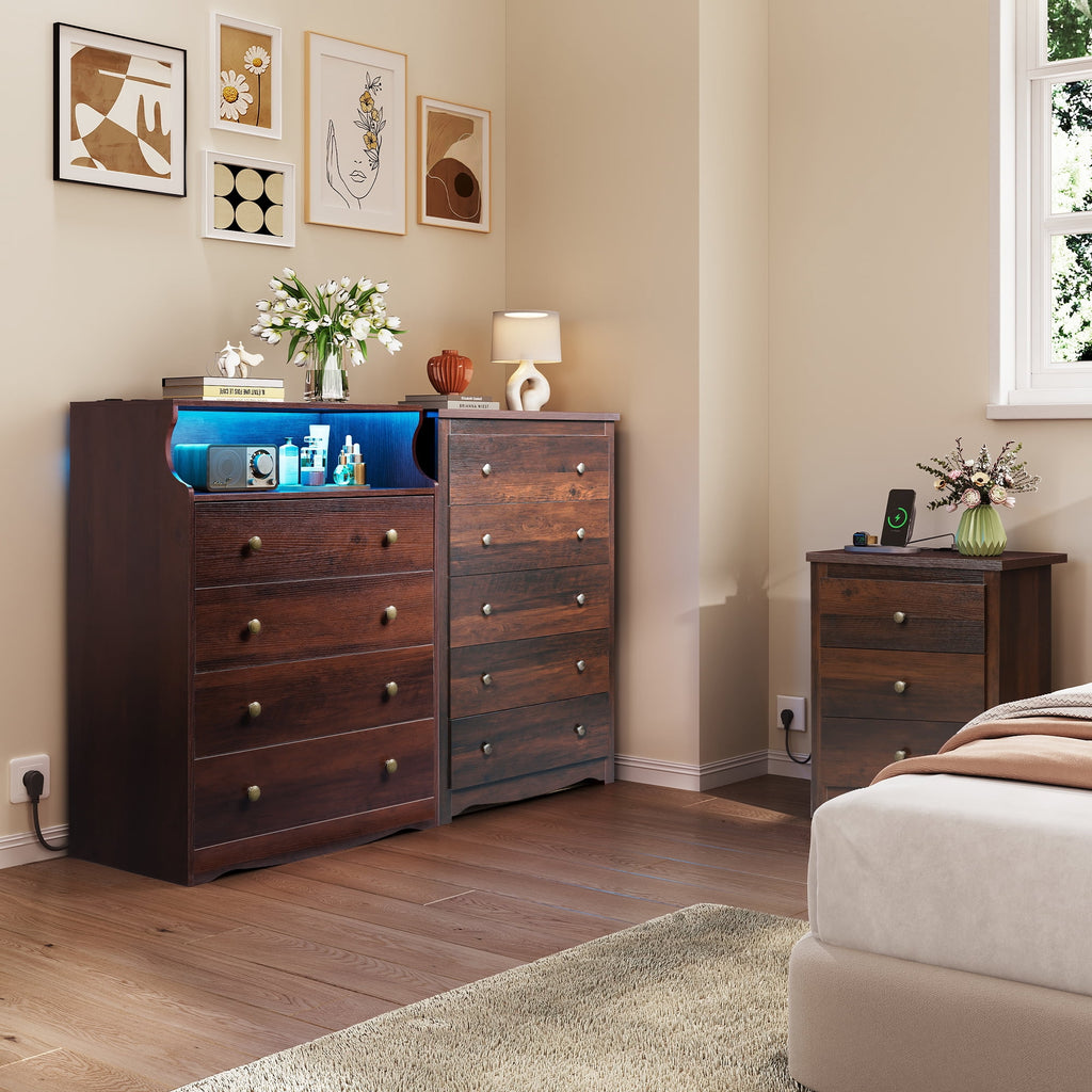 GALAXHERO 5 Drawer Dresser for Bedroom, Retro Wood Chest of Drawers, Tall Dresser with Round Metal Handle for Living Room, Hallway, Closet