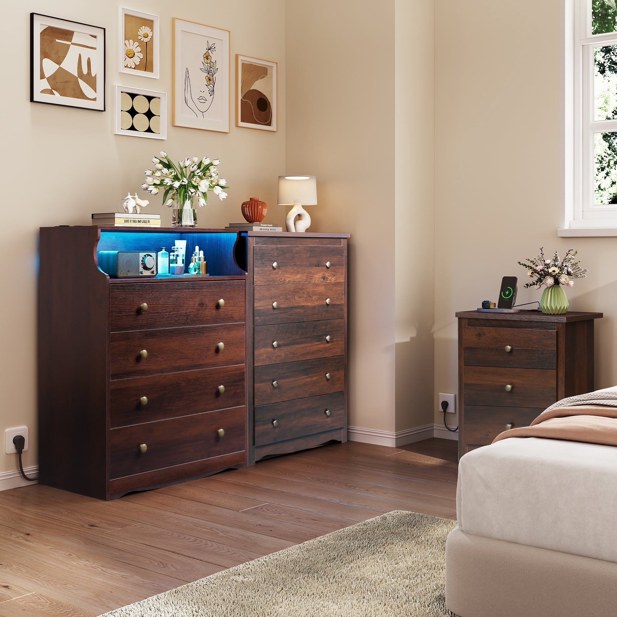 GALAXHERO 5 Drawer Dresser for Bedroom, Retro Wood Chest of Drawers, Tall Dresser with Round Metal Handle for Living Room, Hallway, Closet