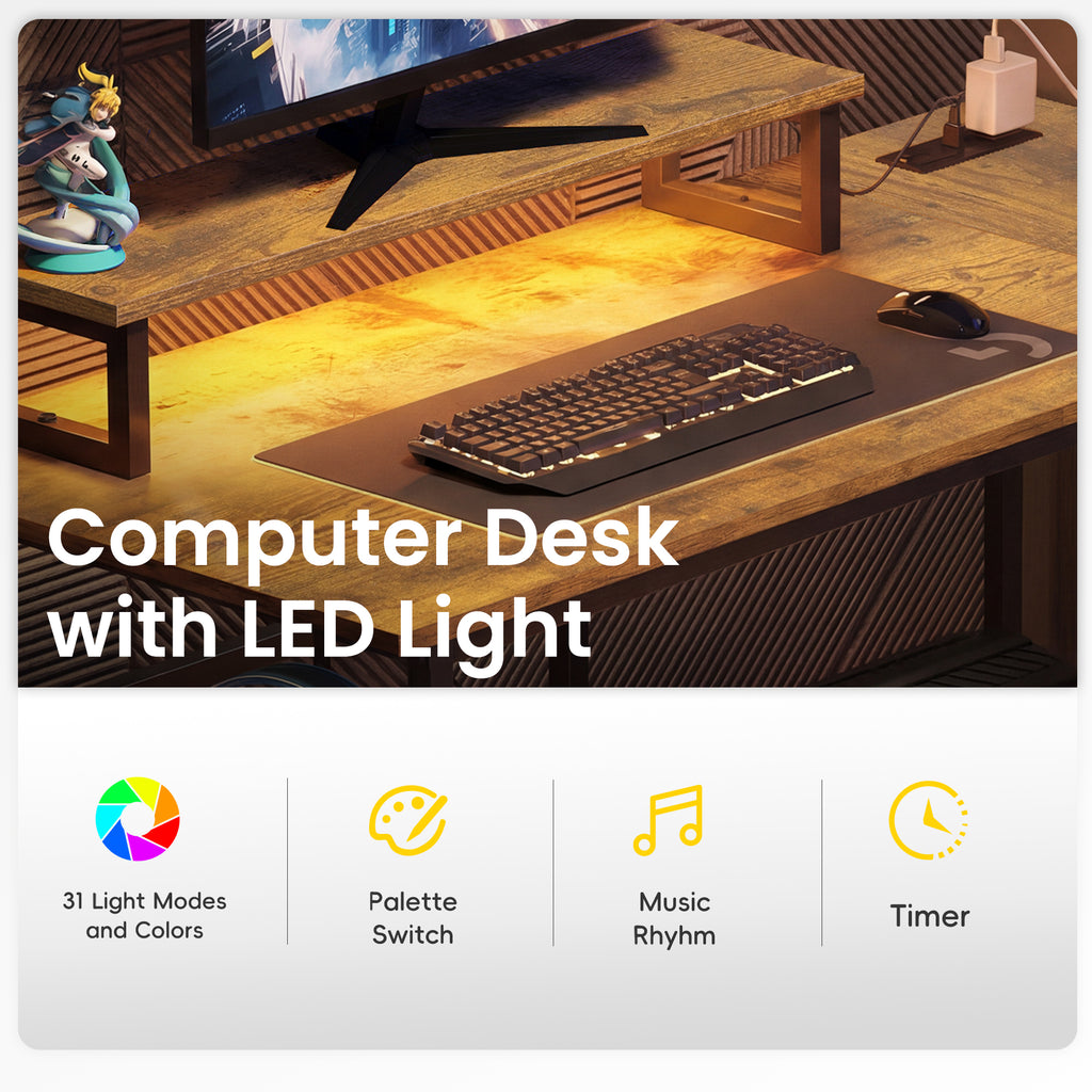 GALAXHERO 43 Inch L Shaped Gaming Desk with LED Lights & Power Outlets, Corner Computer Desk with Storage for Small Spaces, Sturdy PC Table for Home Office, Rustic Brown