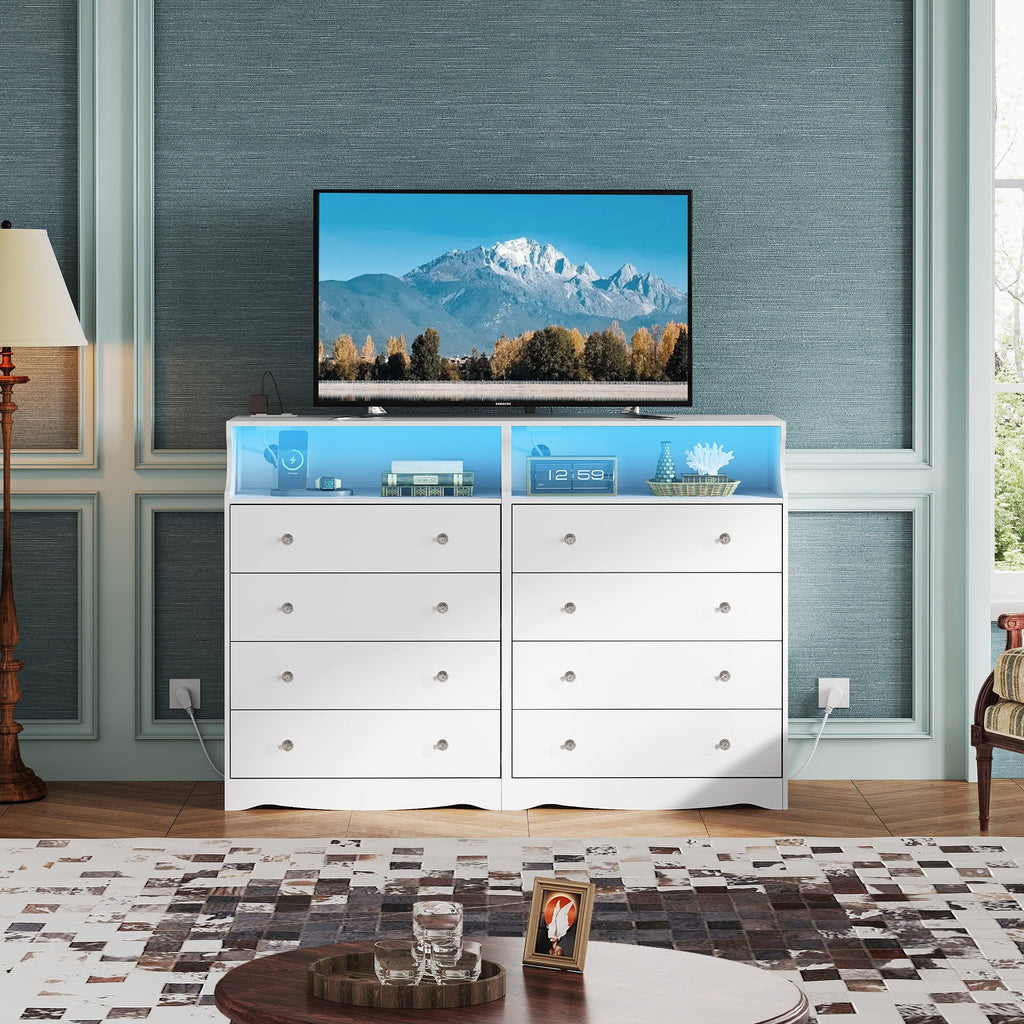 GALAXHERO 4 Drawers Dresser for Bedroom, Tall  Dressers with LED Open Shelf, Modern Chest of Drawers with Charging Station, Wood Closet Clothes Organizer Storage Cabinet