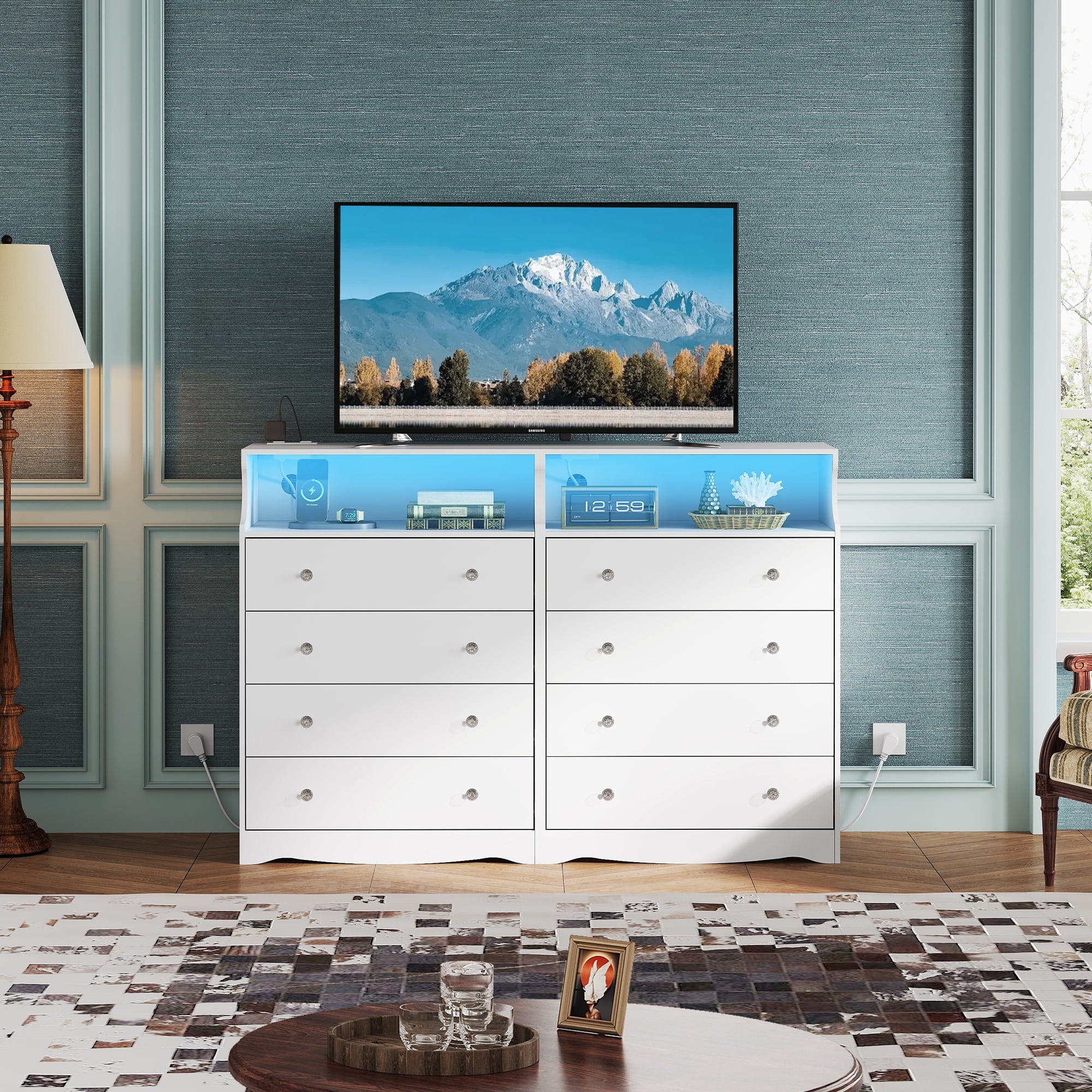 GALAXHERO 4 Drawers Dresser for Bedroom, Tall  Dressers with LED Open Shelf, Modern Chest of Drawers with Charging Station, Wood Closet Clothes Organizer Storage Cabinet