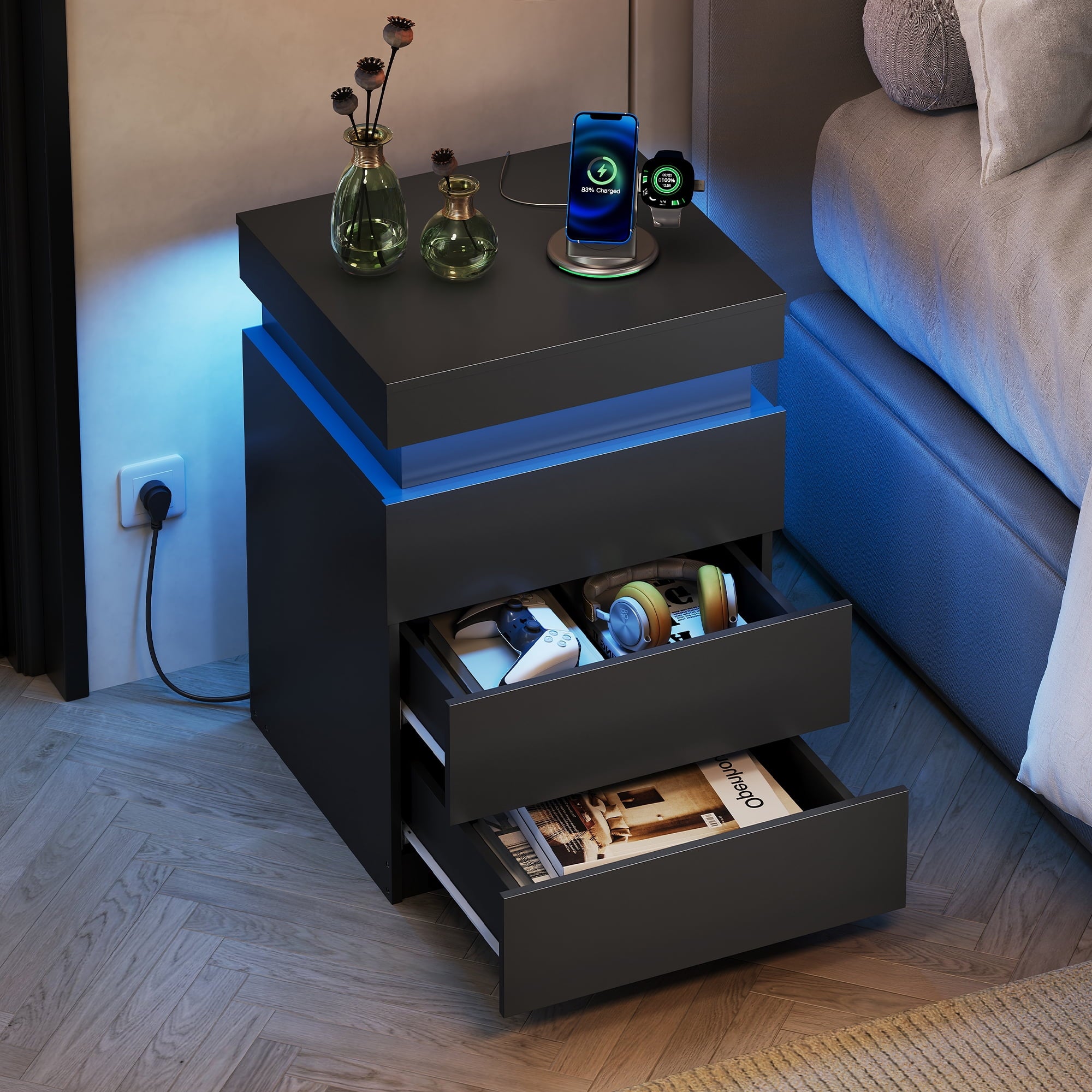 GALAXHERO Nightstand Set of 2 with Charging Station, LED Bedside Table with 3 Storage Drawers, Sliding Top, Hidden Space, Modern End Table for Bedroom, Living Room