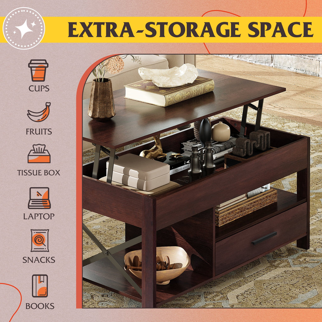 GALAXHERO Coffee Table, 39" Lift Top Coffee Table with Hidden Compartment, Storage Drawers and Storage Shelf for Living Room, Reception Room