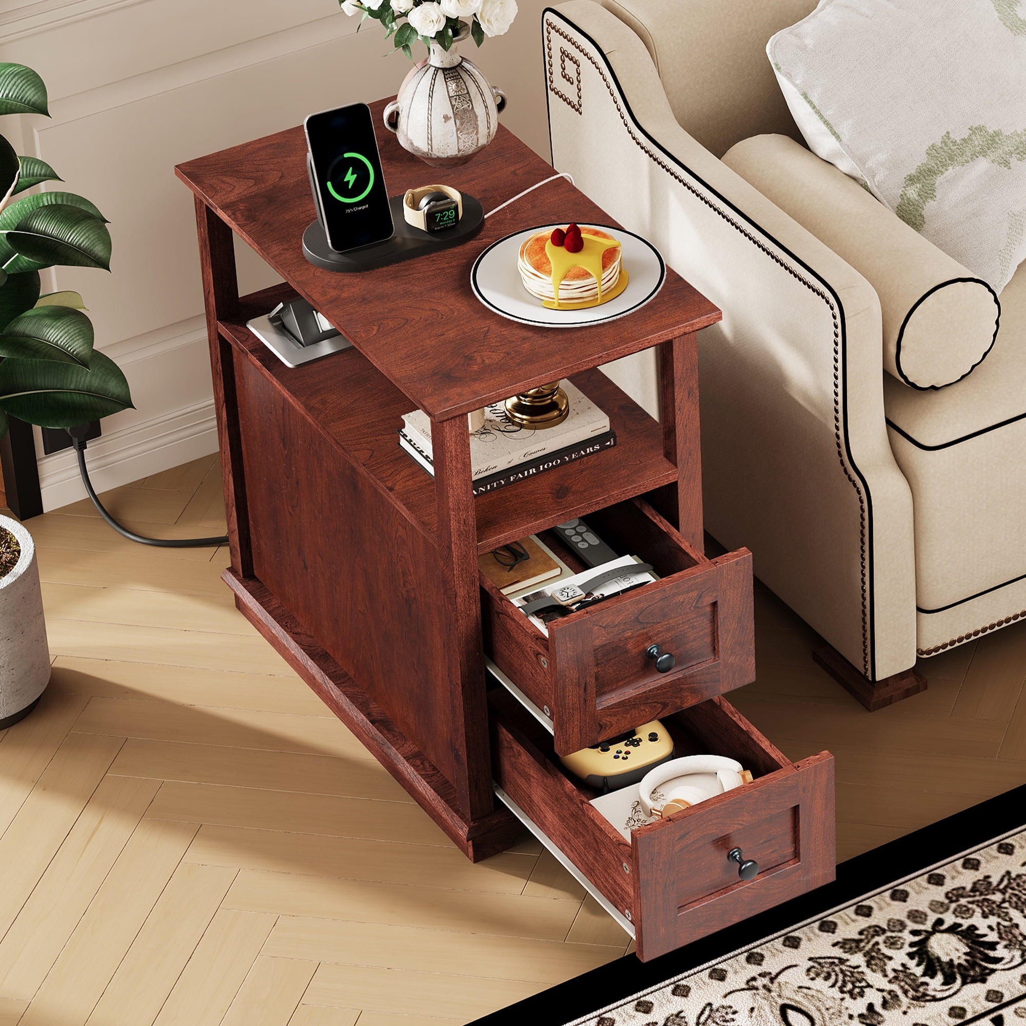 GALAXHERO Narrow End Table with Charging Station Wooden Side Table with 2 Drawers for Living Room, Bedroom, Small Space