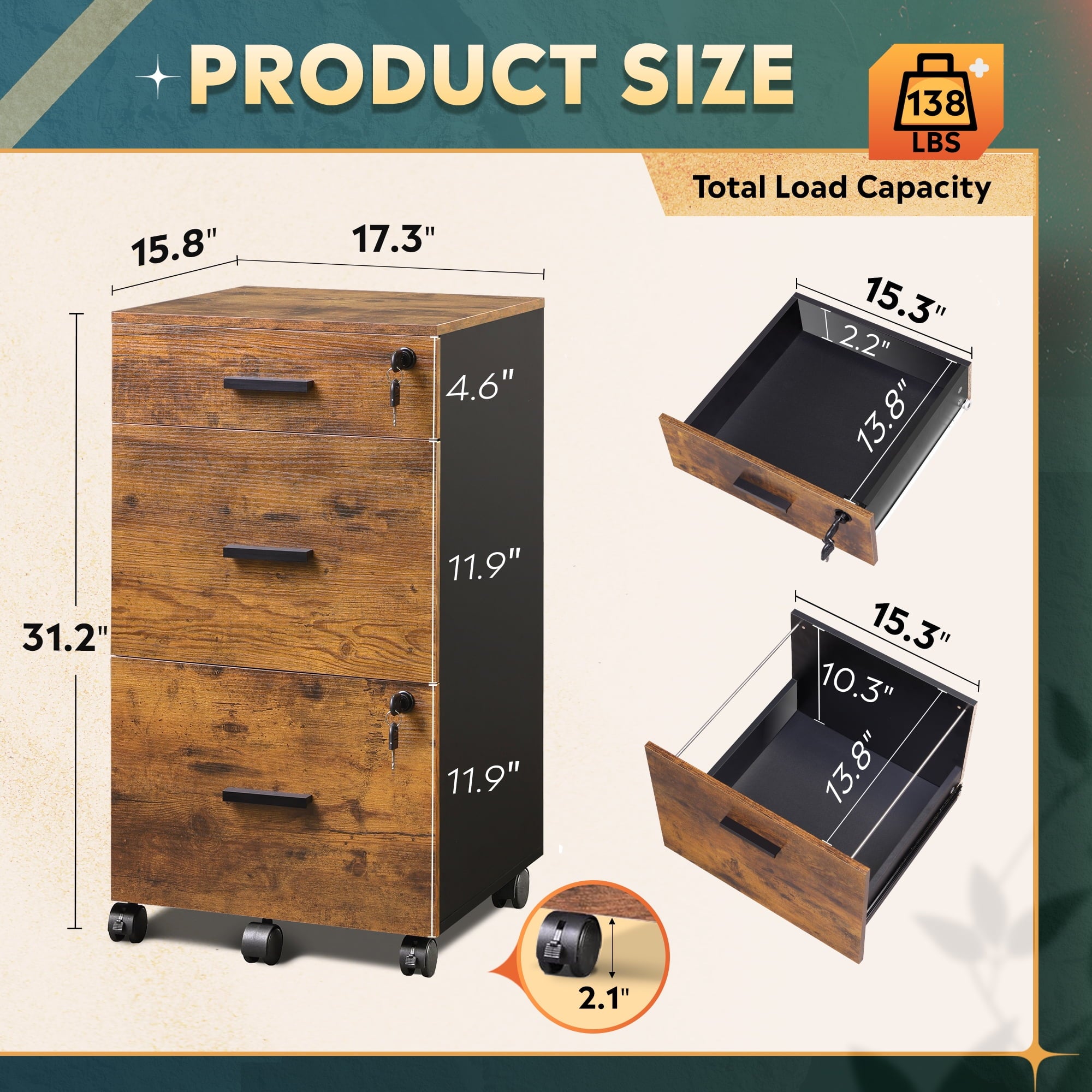 GALAXHERO Filing Cabinet with Lock and Key, 3 Drawer Rolling File Cabinet,  Wood Storage Locker, Fits Letter/A4 Size