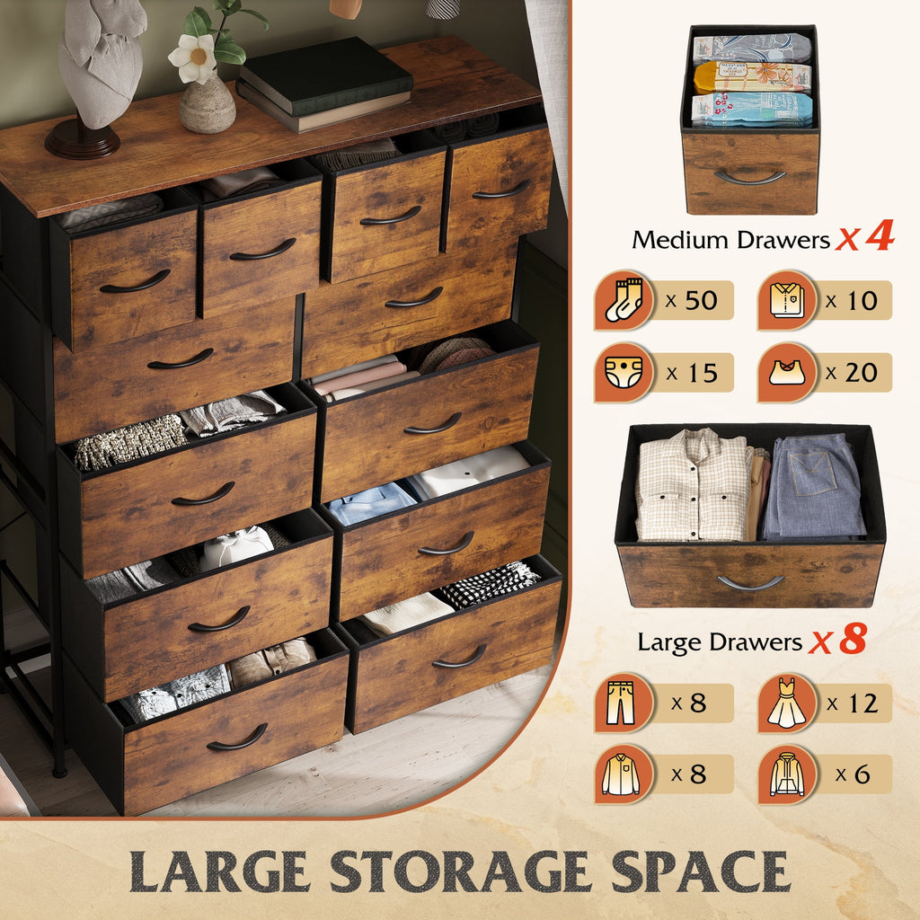 GALAXHERO 12-Drawer Tall Fabric Dresser with Steel Frame, Large Storage Chest of Drawers for Bedroom, Closet, Rustic Brown Wood Grain Print