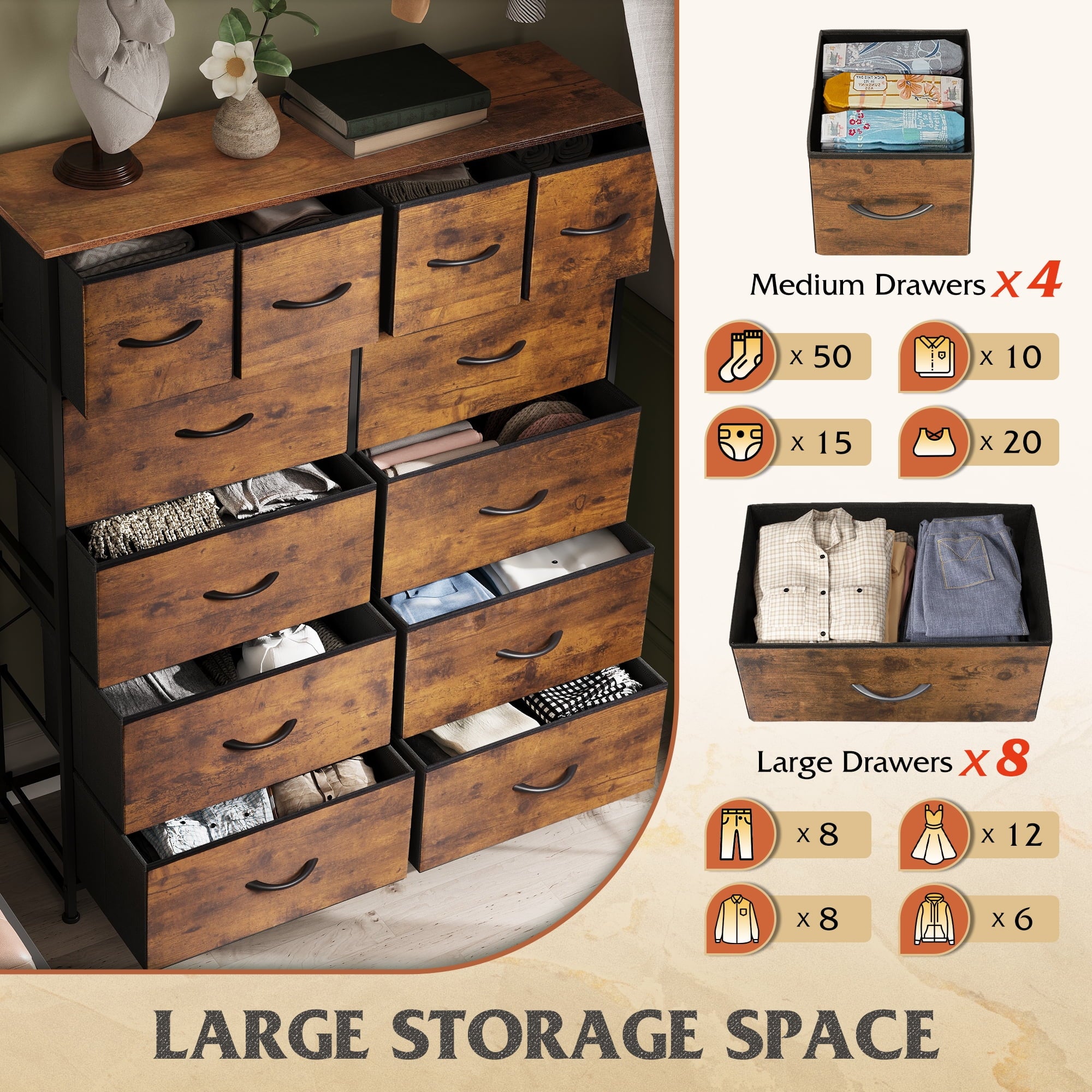 GALAXHERO 12-Drawer Tall Fabric Dresser with Steel Frame, Large Storage Chest of Drawers for Bedroom, Closet, Rustic Brown Wood Grain Print
