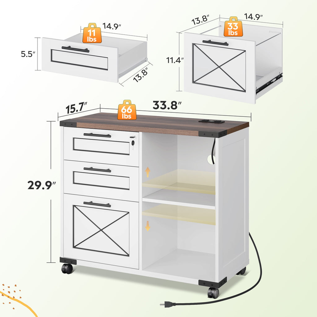 GALAXHERO 3-Drawer Locking File Cabinet, Wood Filing Cabinets with Charging Station, Rolling Printer Stand for Home Office