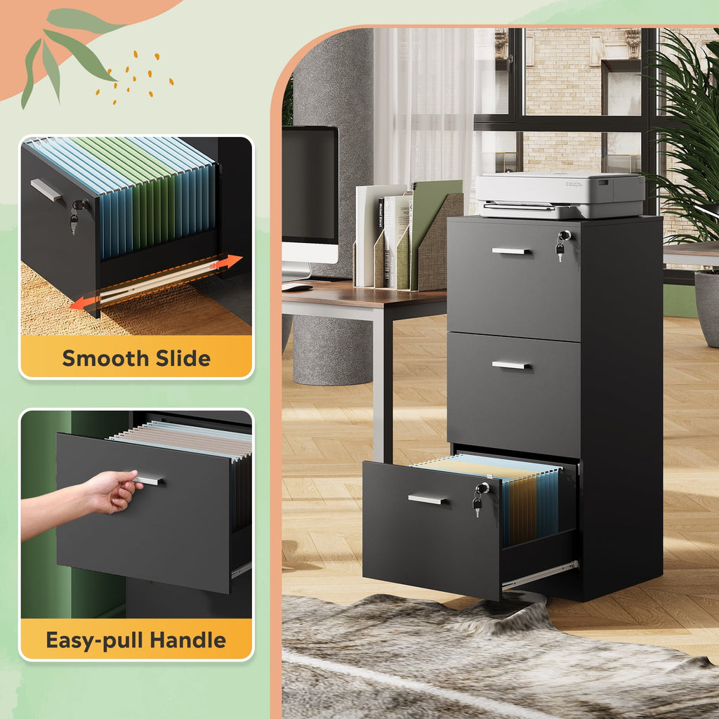 GALAXHERO 3 Drawers File Cabinets, Wood Vertical Filing Cabinet with Lock for Home Office, Letter/A4 Size