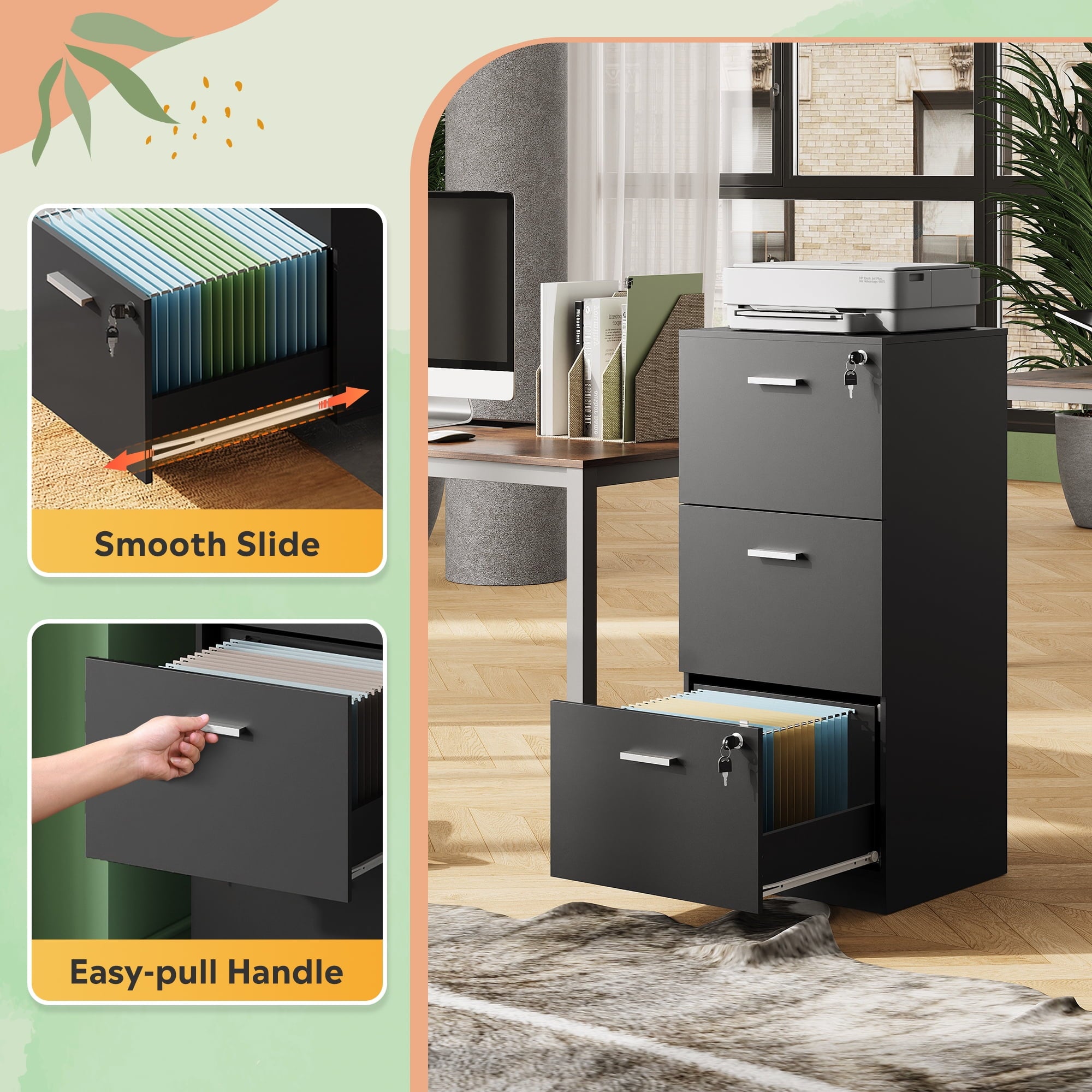 GALAXHERO 3 Drawers File Cabinets, Wood Vertical Filing Cabinet with Lock for Home Office, Letter/A4 Size