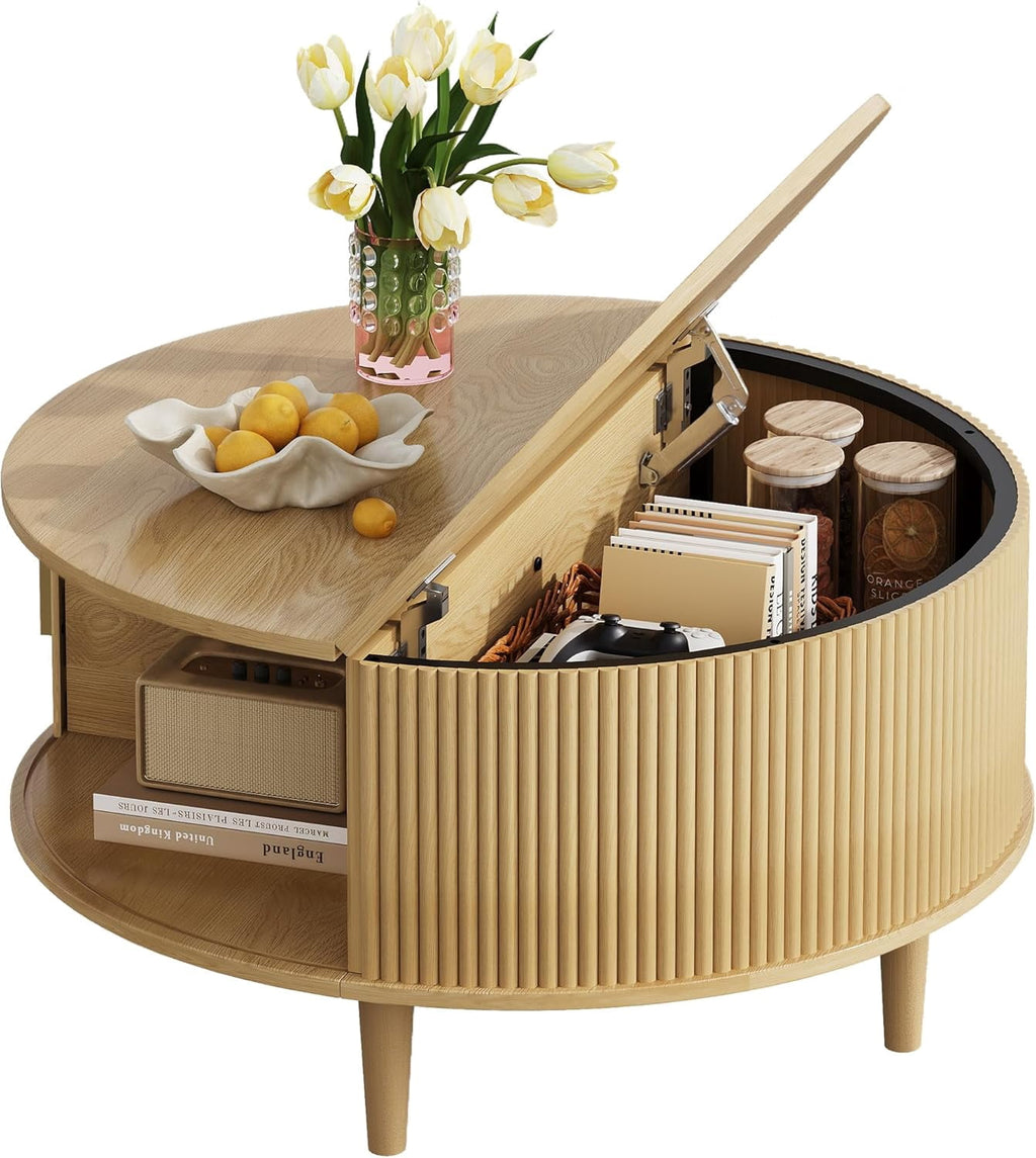 GALAXHERO Coffee Table, 31.5" Round Coffee Tables with Storage and Sliding Cabinet Door, Mid Century Modern Fluted Center Table for Living Room, Small Space