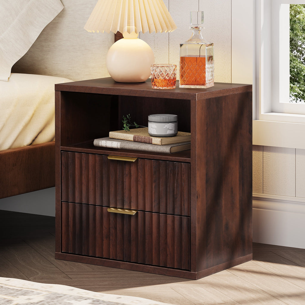 GALAXHERO 2 Drawer Nightstand, Wood Fluted End Table with Open Shelf, Mid Century Modern Bedside Tables for Bedroom, Living Room