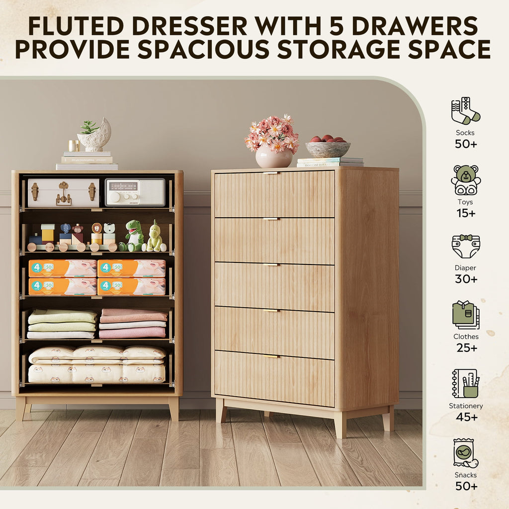 GALAXHERO 5 Drawers Dresser, Fluted Tall Dresser with Golden Metal Handles, Modern Chest of Drawers for Bedroom, Living Room, Hallway, Closet