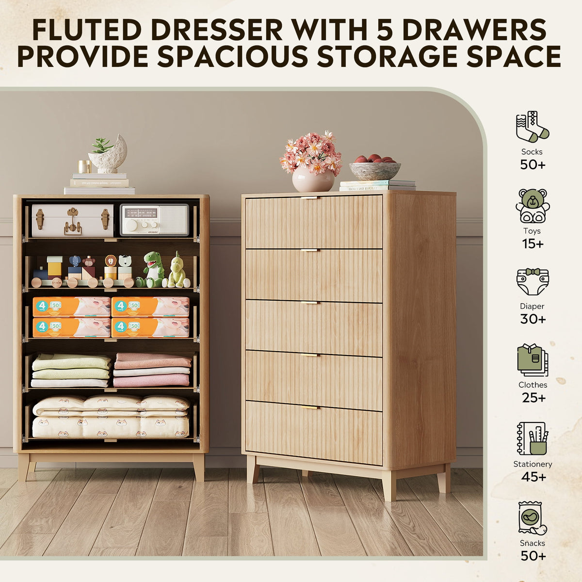 GALAXHERO 5 Drawers Dresser, Fluted Tall Dresser with Golden Metal Handles, Modern Chest of Drawers for Bedroom, Living Room, Hallway, Closet