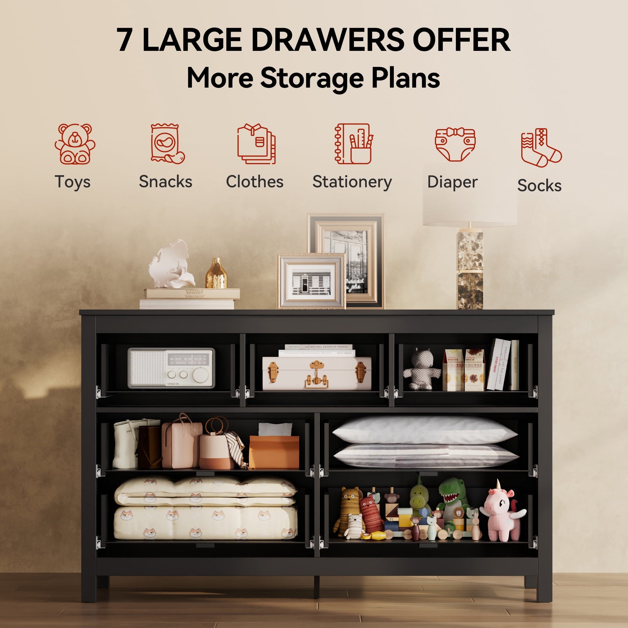GALAXHERO Farmhouse Dresser for Bedroom, 51.18'' Wide 7 Drawer Wood Dresser, TV Stand for 65 inch TV, Wooden Chest of Drawers for Bedroom, Modern Clothes Organizer for Living Room, Hallway