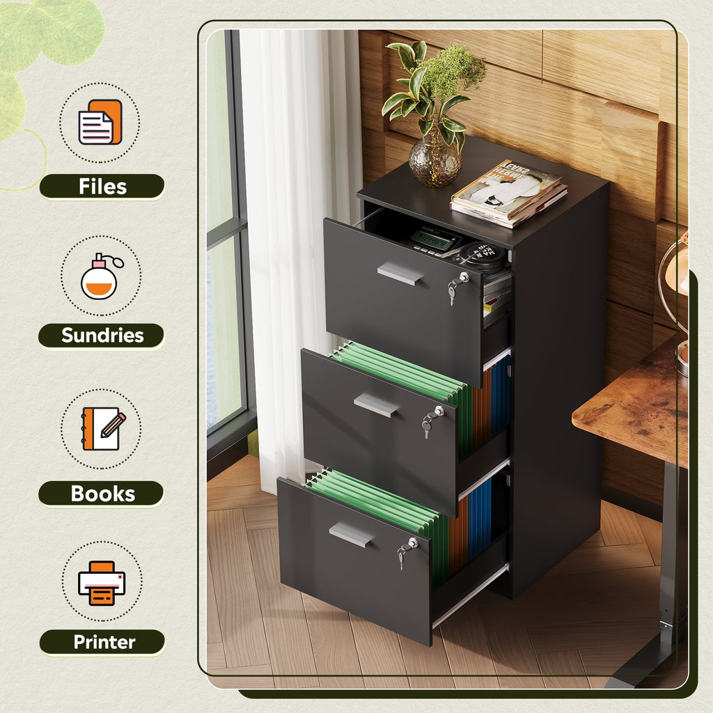 GALAXHERO 3 Drawers File Cabinets, Vertical Filing Cabinet with 3 Locks for Home Office, Wood Office Printer Stand for Letter/A4 Size