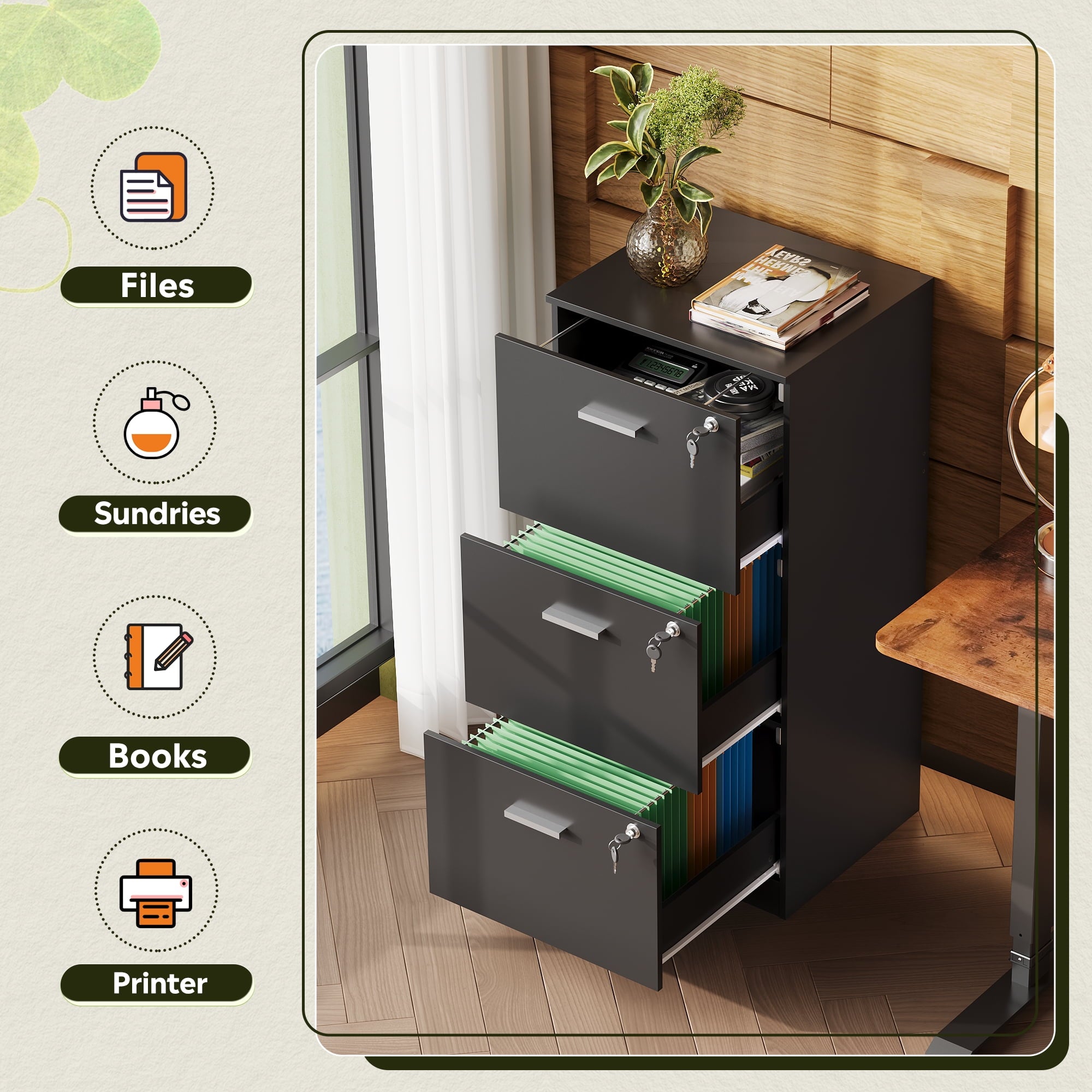 GALAXHERO 3 Drawers File Cabinets, Vertical Filing Cabinet with 3 Locks for Home Office, Wood Office Printer Stand for Letter/A4 Size