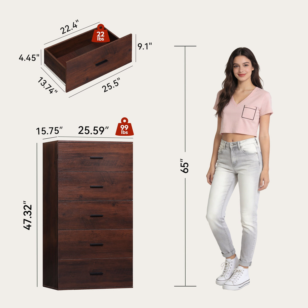 GALAXHERO 5 Drawers Dresser, Chest of Drawers for Bedroom, Tall Wood Storage Cabinet with Metal Handle for Living Room, Closet, Hallway
