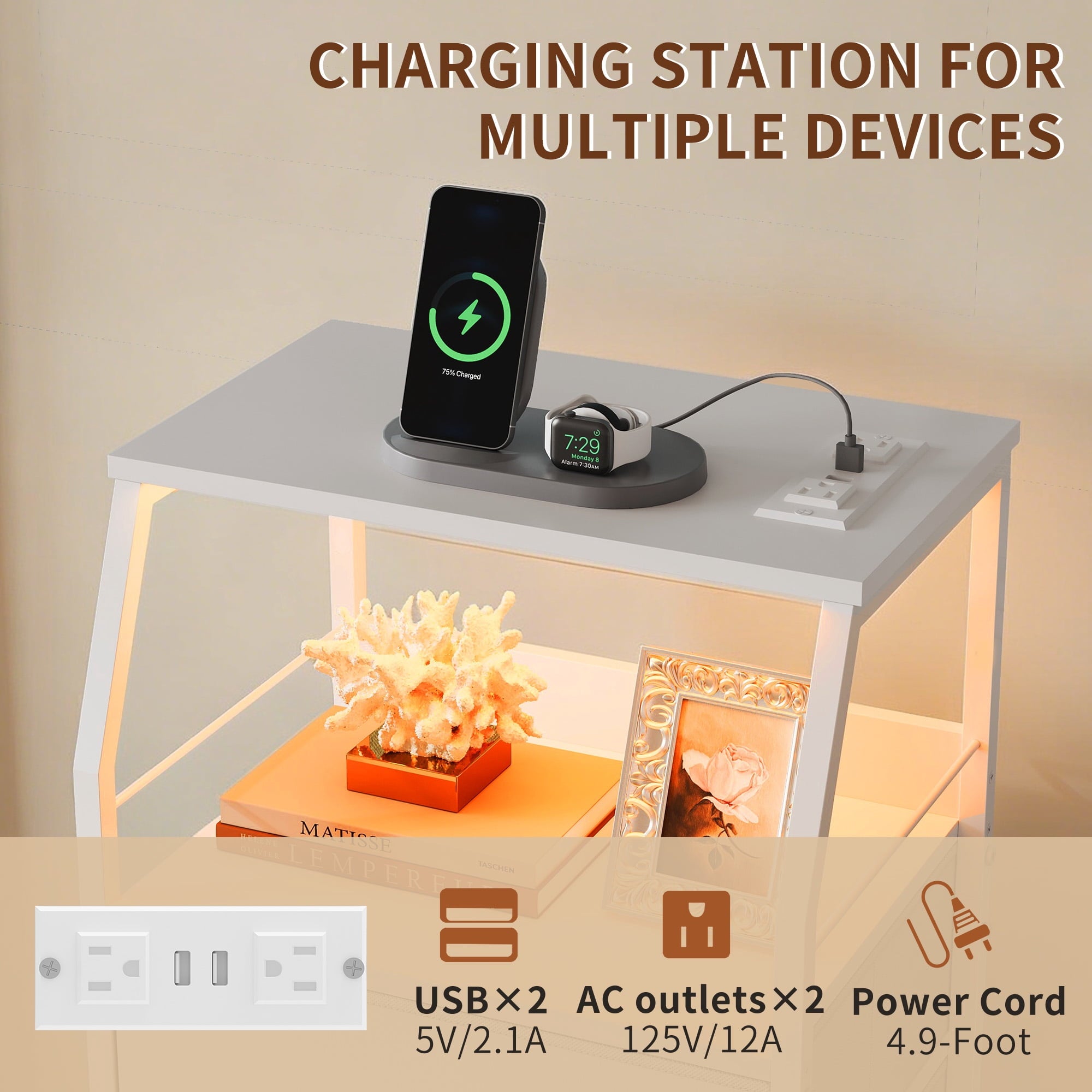 GALAXHERO 4 Drawer Dresser for Bedroom, Nightstand with Charging Station and LED, Tall Bedside Table with Storage Shelfs