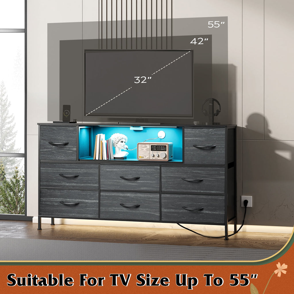 GALAXHERO 8-Drawer Dressers for Bedroom, Dresser TV Stand for 55'' TV with LED Lights and Power Outlets, Fabric Chest of Drawers for Living Room, Entryway